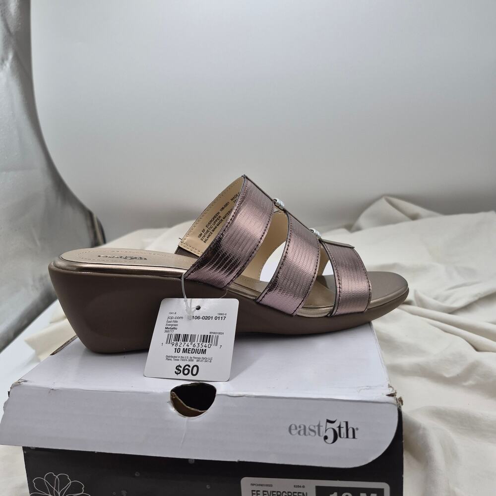 NEW East 5th Evergreen Metallic Elastic Strap open toe slip-on Wedge Sandals 10M